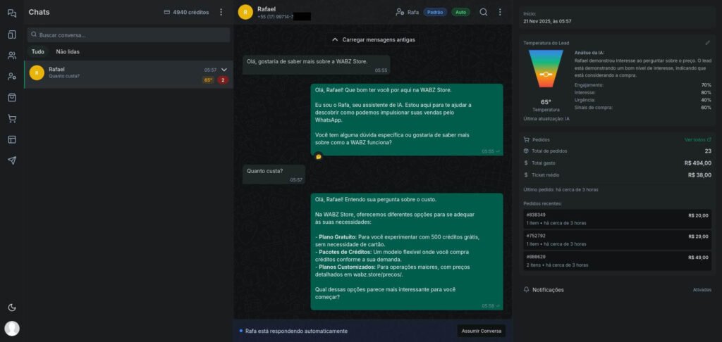 Painel do WABZ App mostrando o atendimento automático empregado por um agente de IA que qualifica e atribui uma temperatura ao Lead.